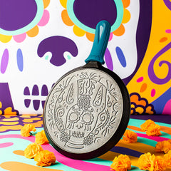 10.5 Inch Seasoned Cast Iron Xolo Sugar Skull Griddle with Deluxe Handle Holder